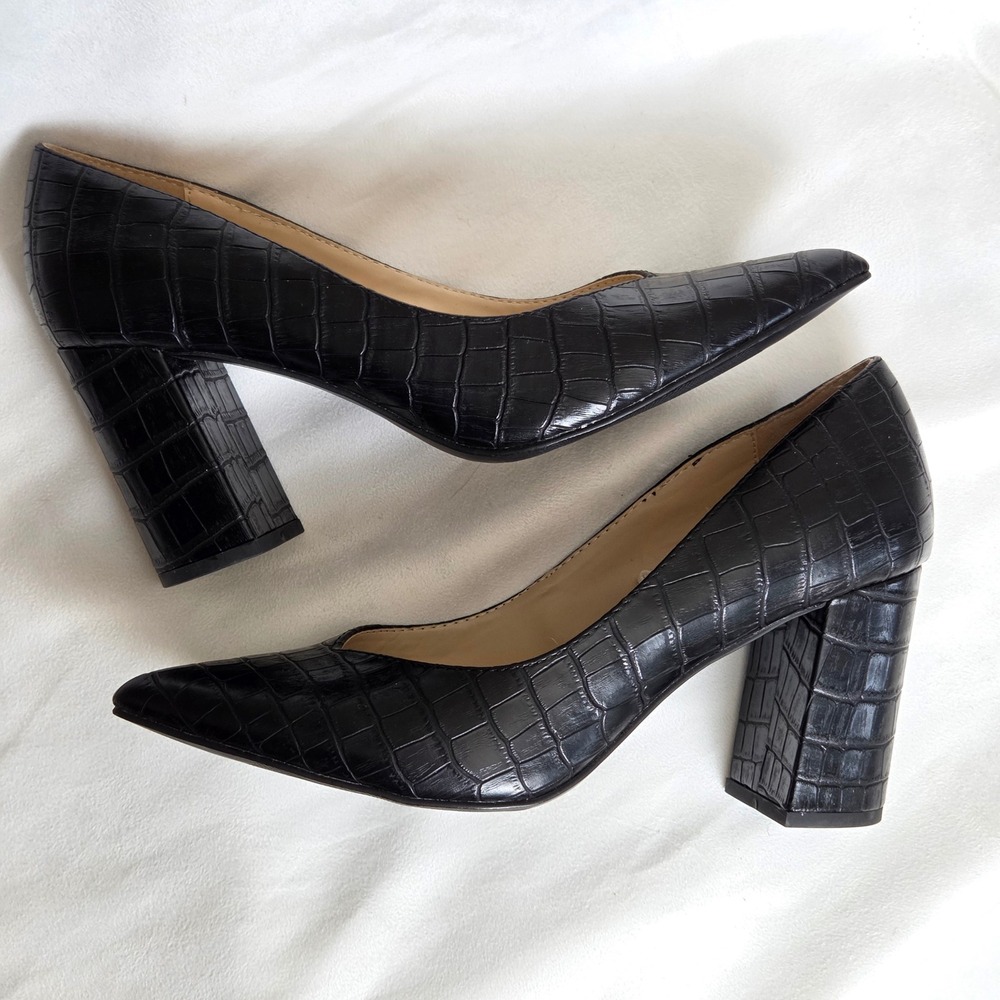 Liz Claiborne Haslett Pumps Women 9 Black Embossed Croc Block Heel Workwear